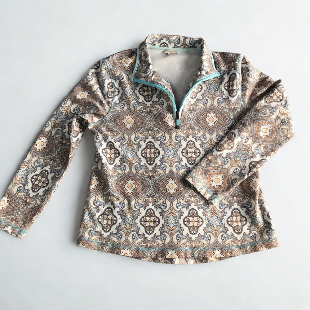 Talbots Paisley Top Baby Blue Cream and Brown Womens Small Boho Print Zip Collar